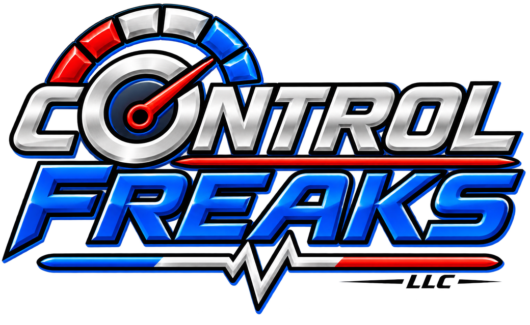 Control Freaks LLC — metallic CONTROL, electric-blue FREAKS, gauge and pulse mark